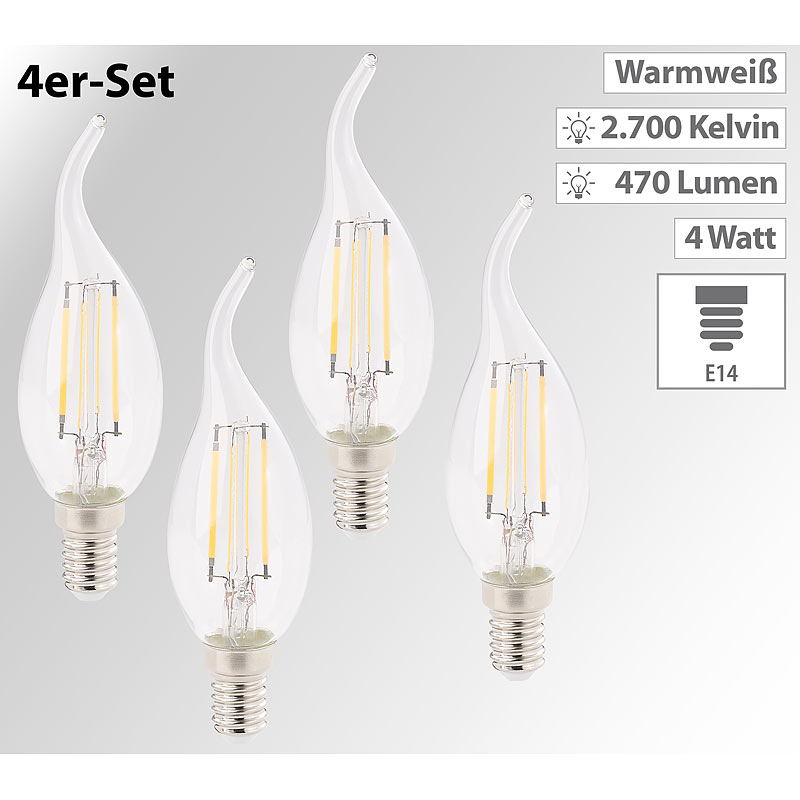 4er-Set LED-Filament-Kerzen, E14, A+, 4 W, 470 Lm, warmweiß, Ba35