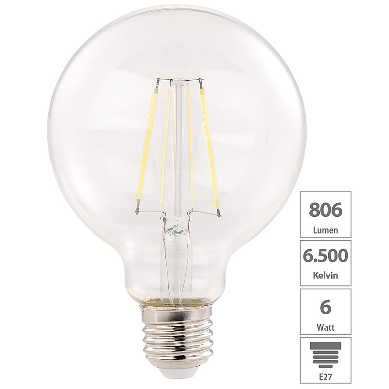 LED-Filament-Birne, E27, A++, 6 W, 806 lm, 360°, tageslichtweiß, G95