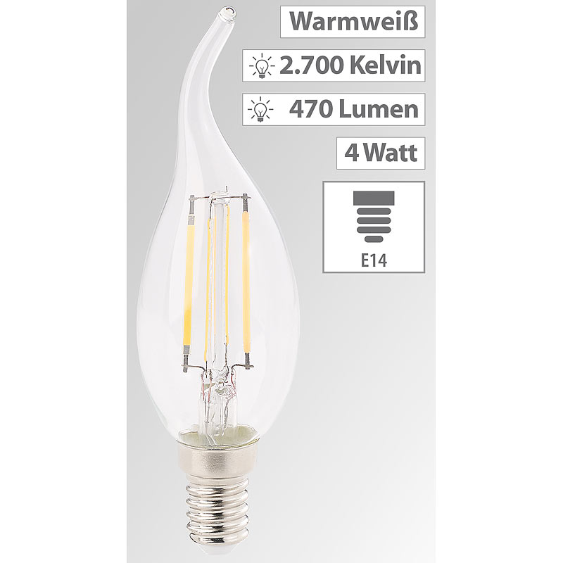 LED-Filament-Kerze, E14, A+, 4 Watt, 470 Lumen, 360°, warmweiß, Ba35