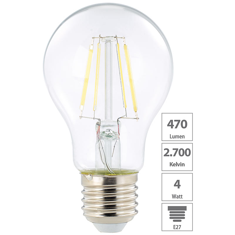 LED-Filament-Birne, A+, E27, 4 Watt, 470 Lumen, 360°, warmweiß, A60