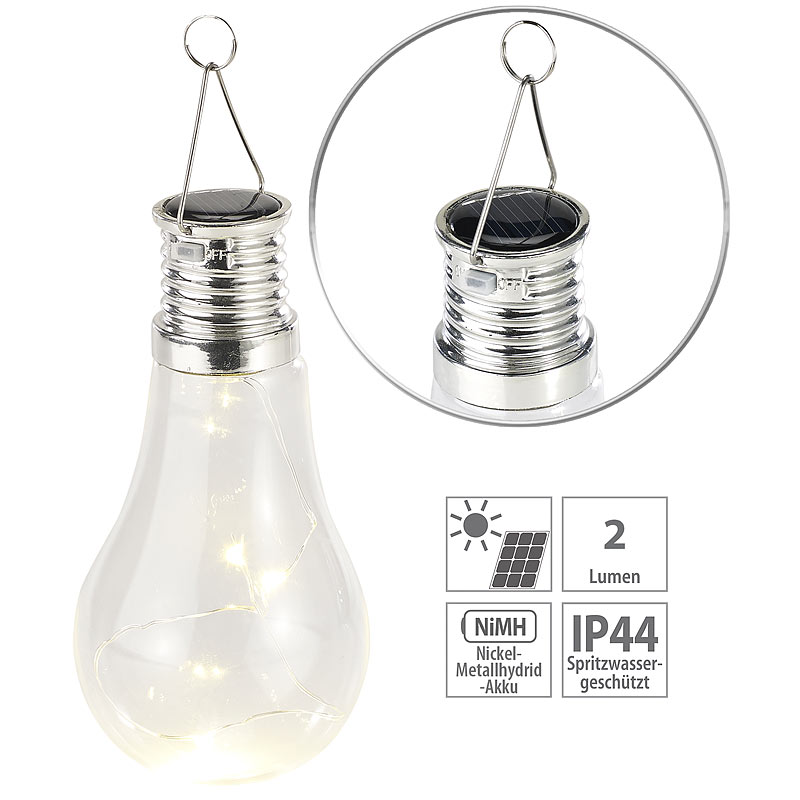 Solar-LED-Lampe in Glühbirnen-Form, 3 warmweiße LEDs, 2 lm, 0,024 W