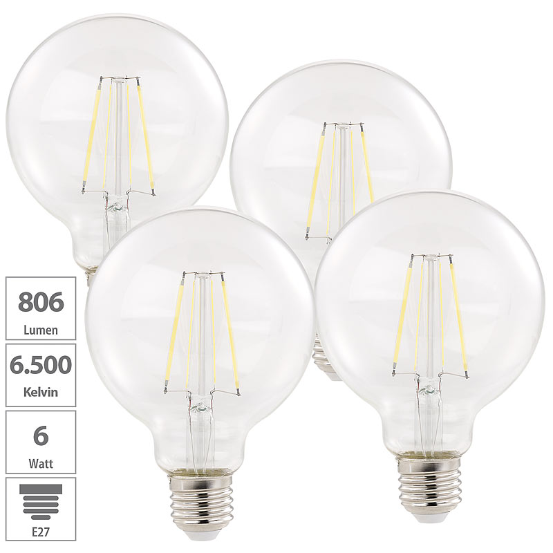 4er-Set LED-Filament-Birnen, E27, A++, 6 W, 806 lm, tageslichtweiß