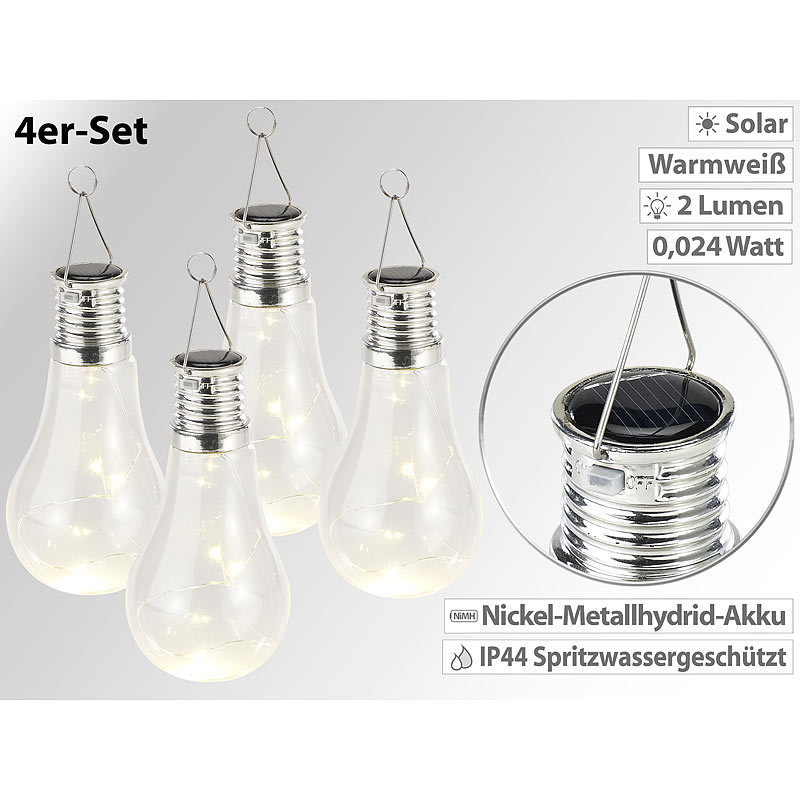 4er-Set Solar-LED-Lampen in Glühbirnen-Form, 3 warmweiße LEDs, 2 Lumen