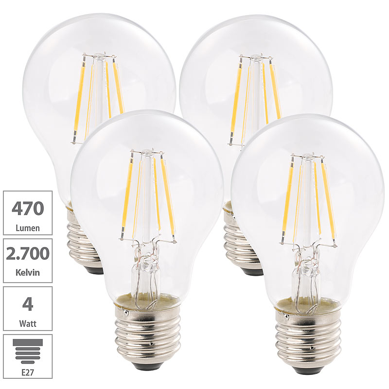 LED-Filament-Birne, A+, E27, 4 W, 470 Lm, 360°, warmweiß, 4er-Set