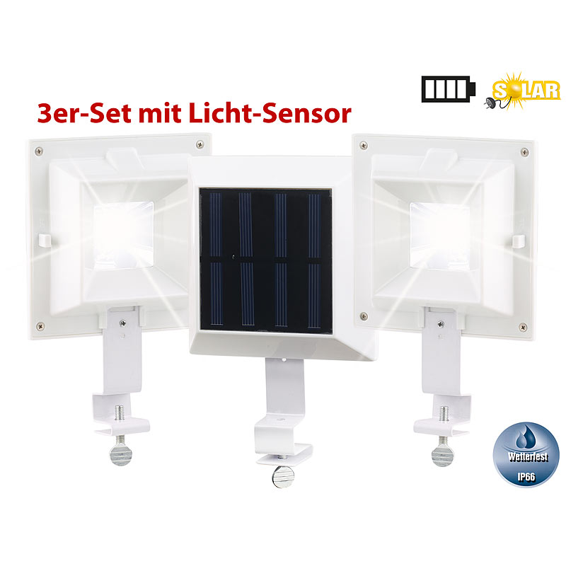 3er-Set Solar-LED-Dachrinnenleuchte, 20 lm, 0,2 W, Licht-Sensor, weiß