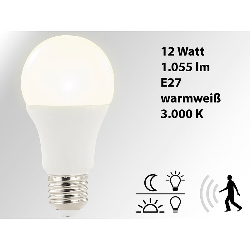 LED-Lampe mit Radar-Bewegungs- und Lichtsensor, 12 W, E27, warmweiß