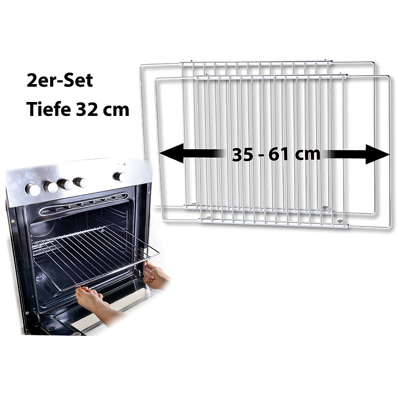 Universal-Backofenrost, ausziehbar von 35 - 61 cm, 32 cm tief, 2er-Set