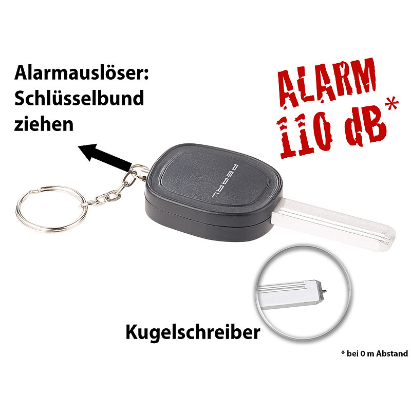 Personenalarm im Autoschlüssel-Design mit 110-dB-Sirene und Mini-Kuli