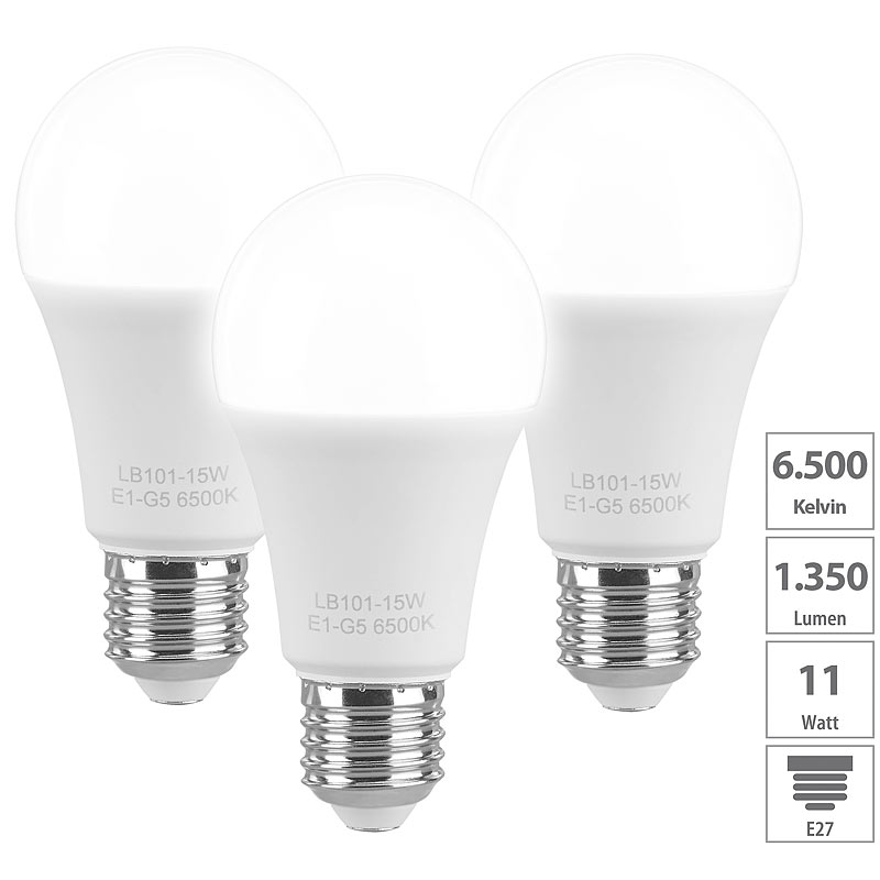 3er-Set LED-Lampen, tageslichtweiß, 6500 K, E27, 15 W, 1.350 Lumen, A+