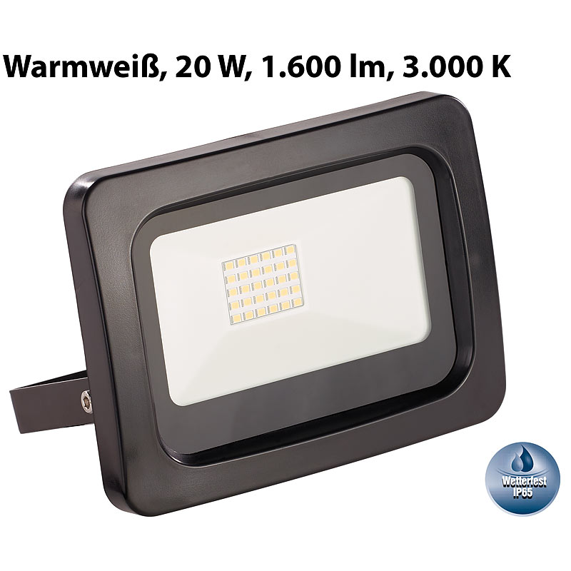 Wetterfester Mini-LED-Fluter, 20 W, 1.600 lm, IP65, 3.000 K, warmweiß