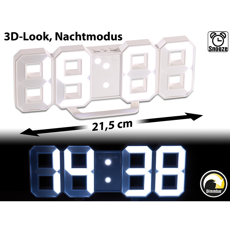 Große Digital-LED-Tisch- & Wanduhr, 7 Segmente, dimmbar, Wecker, 21 cm