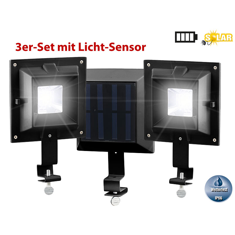 3er-Set Solar-LED-Dachrinnenleuchten, 6 SMD-LEDs, 20 lm, IP44, schwarz