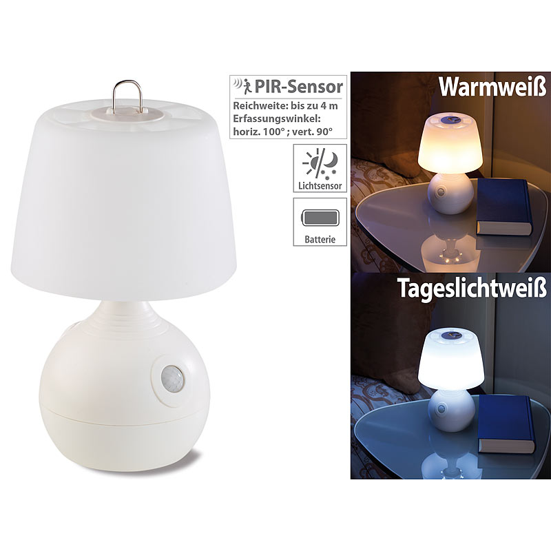 LED-Tischlampe, PIR- & Licht-Sensor, warmweiß & tageslichtweiß, 30 lm