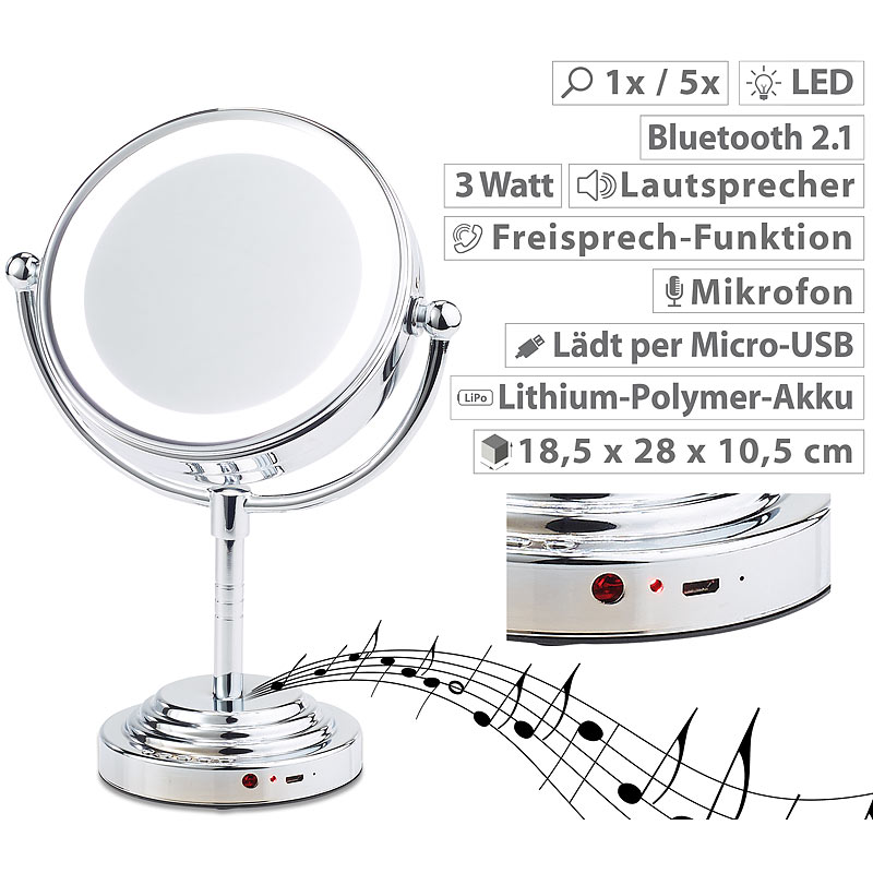 LED-Kosmetikspiegel mit Akku, Bluetooth-Lautsprecher, 1x / 5x Vergröß.