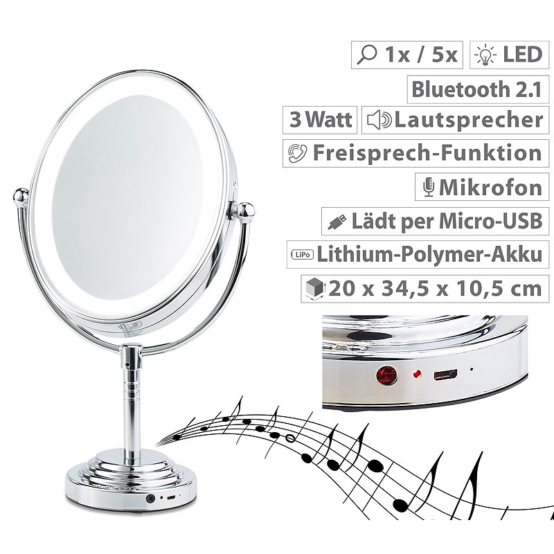 XL-LED-Kosmetikspiegel, Akku, Bluetooth-Lautsprecher, 1x / 5x Vergröß.