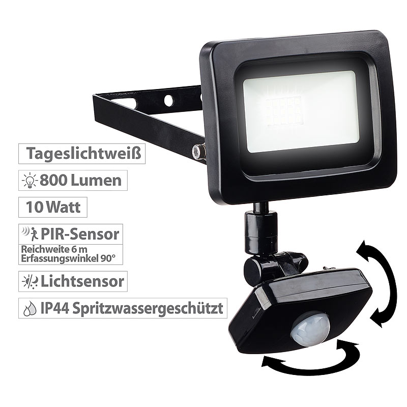 Mini-LED-Fluter, PIR-Sensor, 10 Watt, 800 lm, tageslichtweiß, IP44