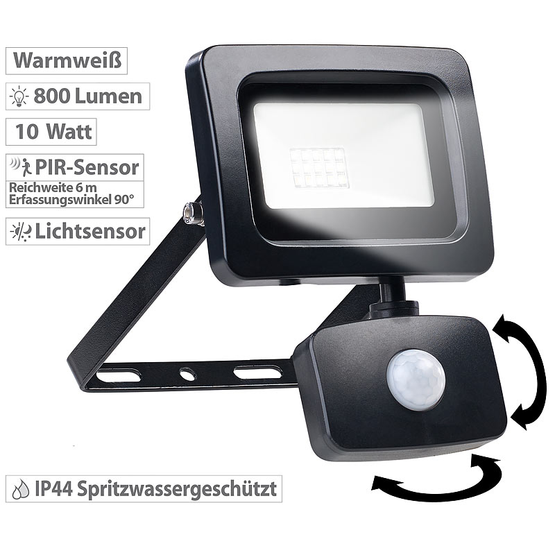 Mini-LED-Fluter, PIR-Bewegungssensor, 10 Watt, 800 lm, warmweiß, IP44