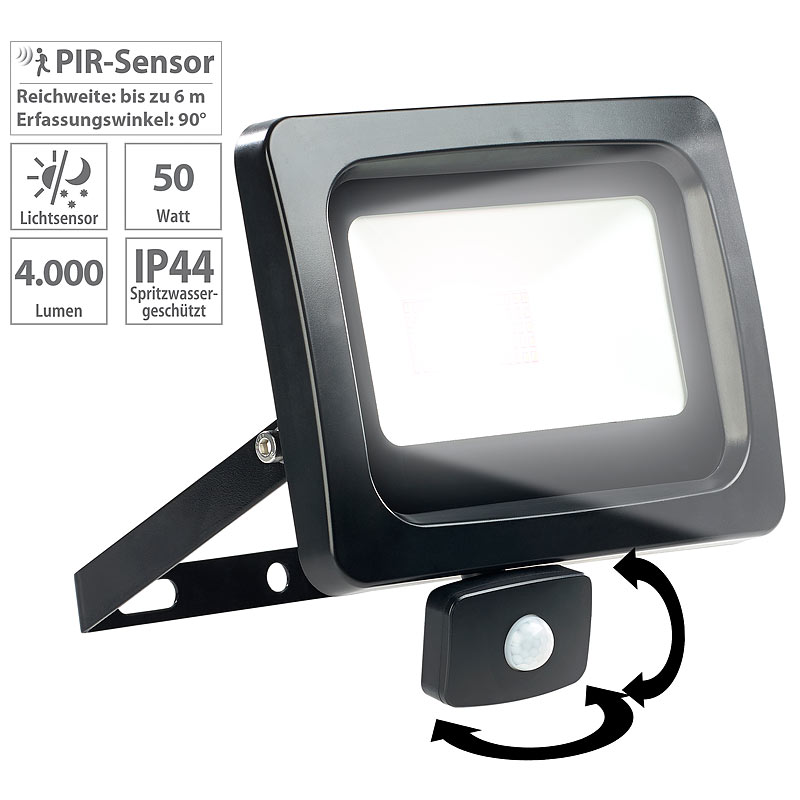 Mini-LED-Fluter, PIR-Sensor, 50 Watt, 4.000 lm, tageslichtweiß, IP44