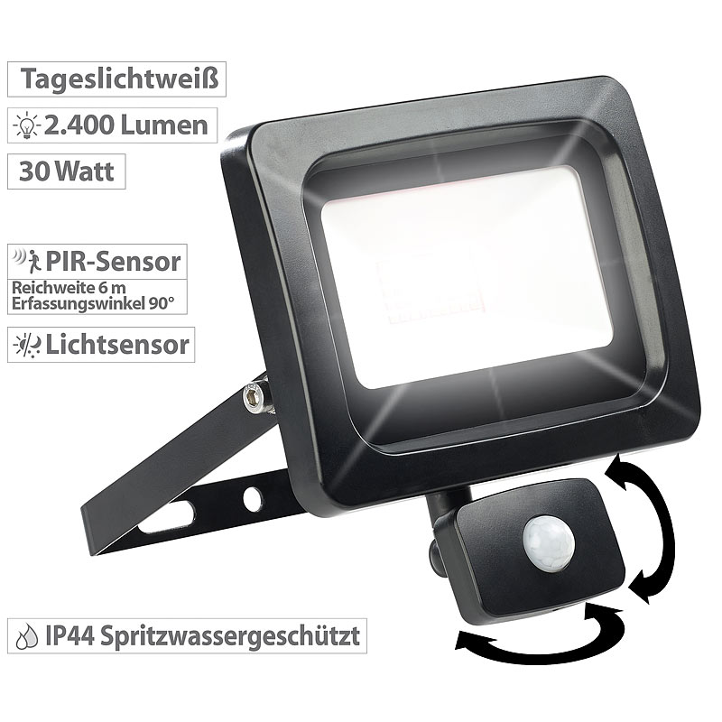 LED-Fluter mit PIR-Sensor, 30 Watt, 2.400 lm, tageslichtweiß, IP44