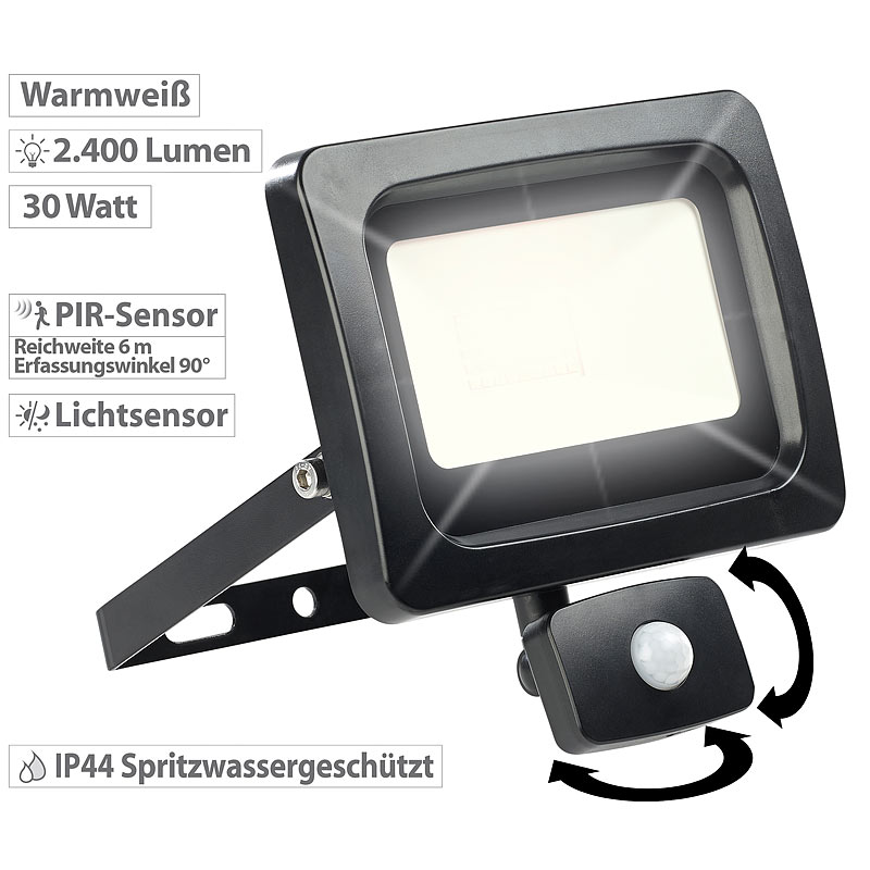 LED-Fluter mit PIR-Sensor, 30 Watt, 2.400 Lumen, warmweiß, IP44