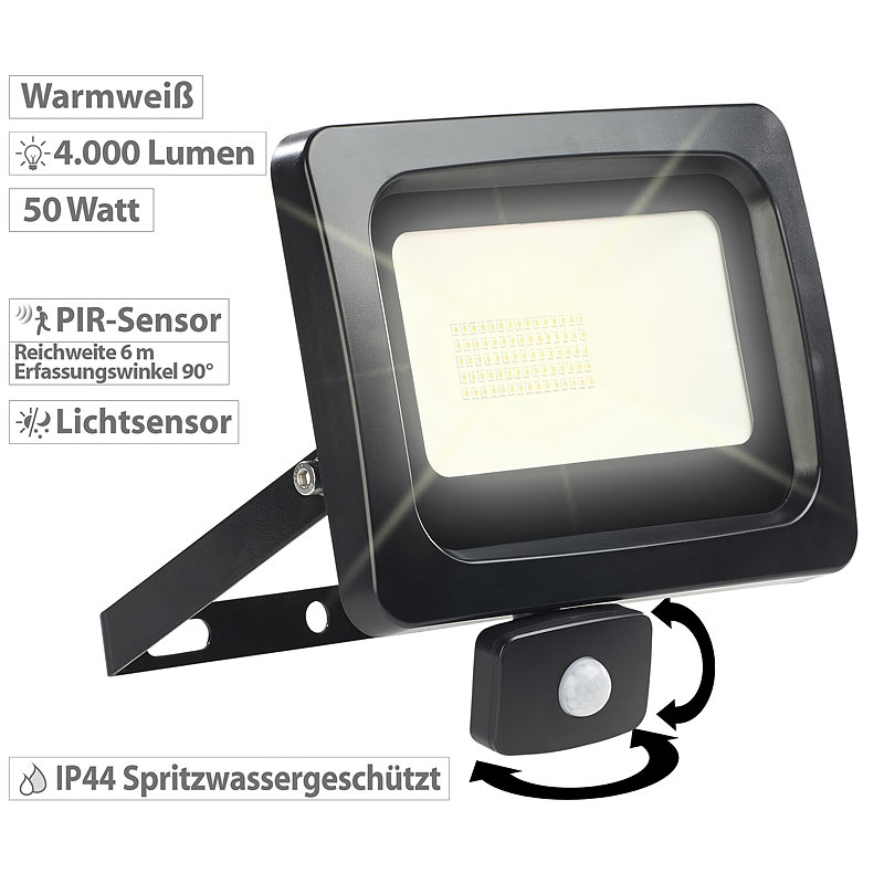 LED-Fluter mit PIR-Sensor, 50 Watt, 4.000 Lumen, warmweiß, IP44