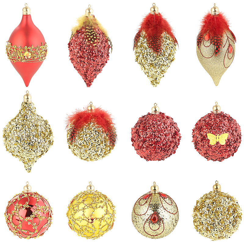 12er-Set Weihnachtsbaum-Kugeln mit Pailletten & Federn, rot und golden