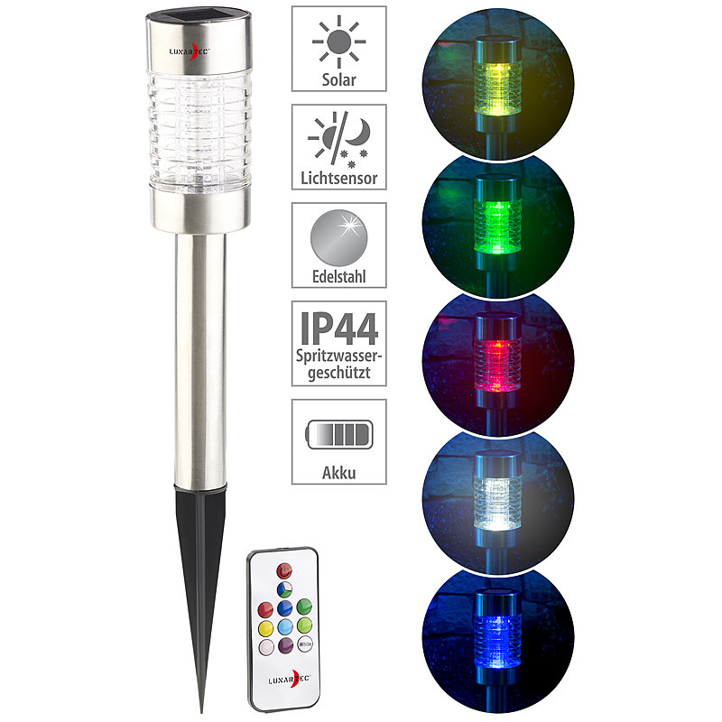 Solar-RGB-LED-Wegeleuchte, Lichtsensor, Fernbedienung, Edelstahl, IP44