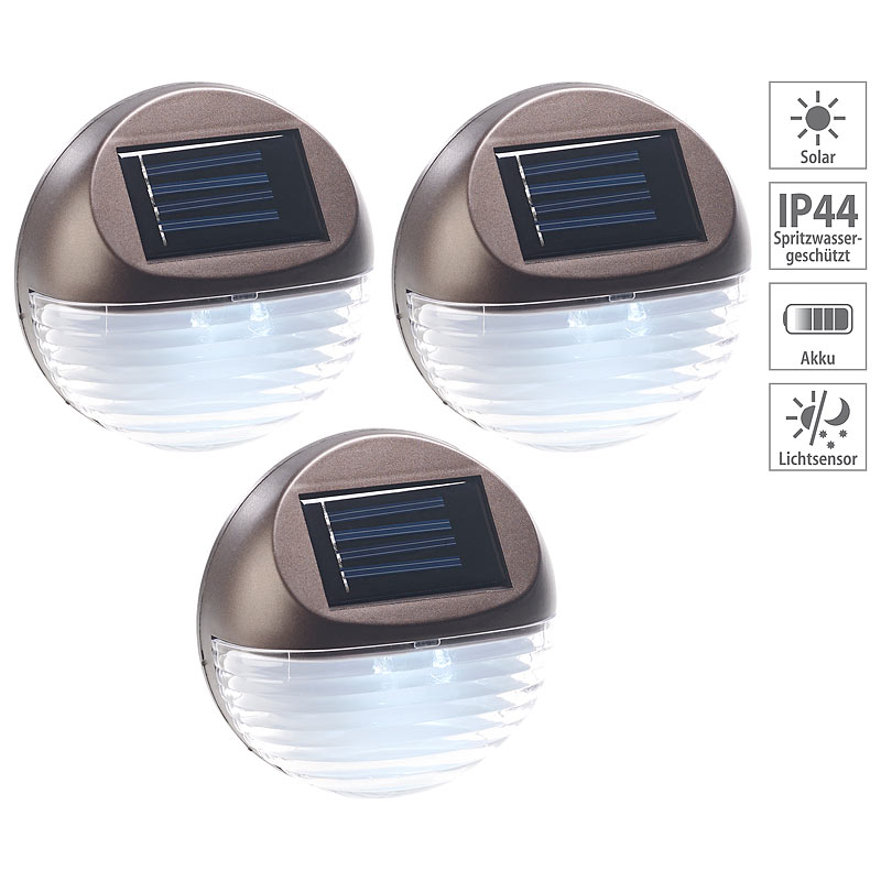 3er-Set Solar-LED-Zaunleuchte für Hauswand & Treppe, Lichtsensor, IP44