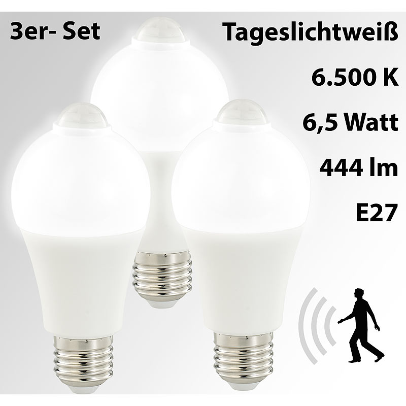 LED-Lampe mit PIR-Sensor, 6,5 Watt, E27, 444 Lumen, weiß, 3er-Set