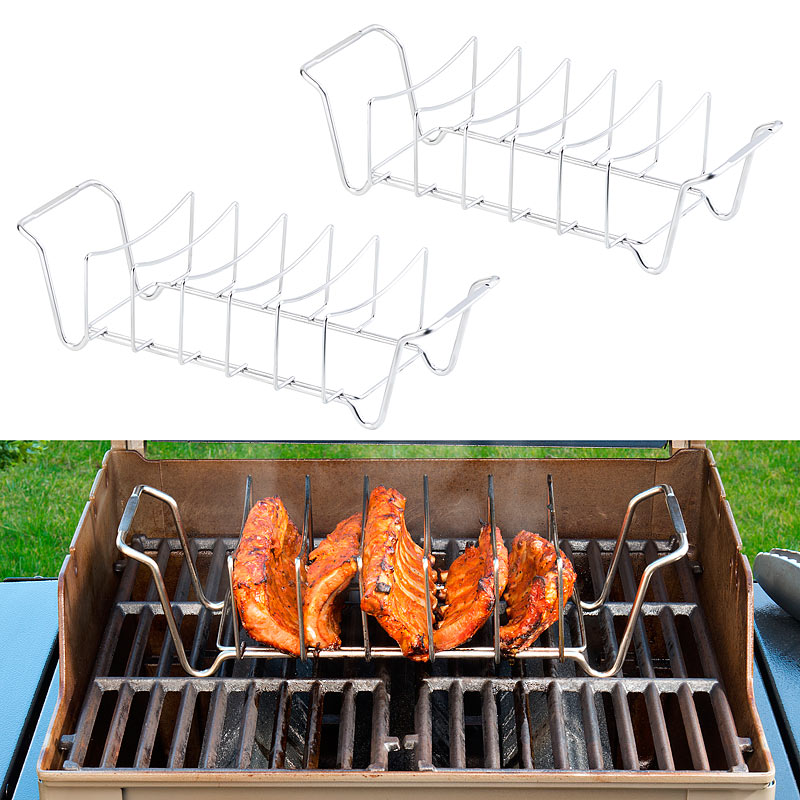 2er-Set 2in1-Sparerib-Halter & Bratenkorb für Grill & Ofen, Edelstahl