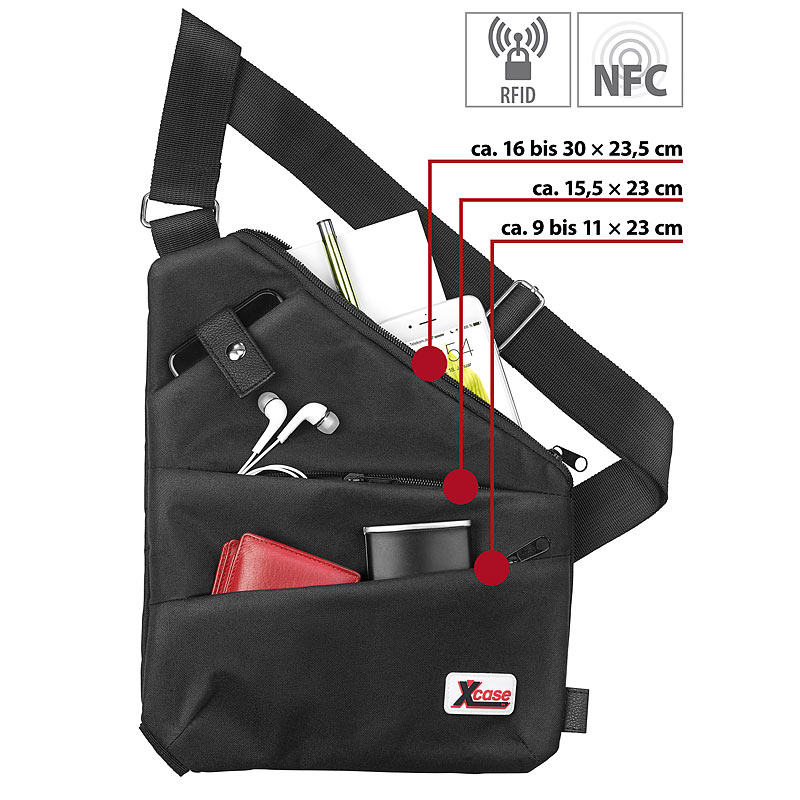 Crossbody-Tasche mit 3 Fächern, RFID- & NFC-Blocker, unisex, schwarz