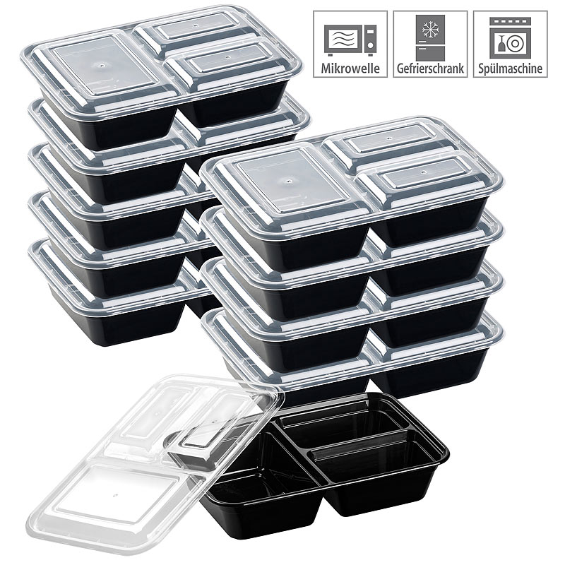 10er-Set Lebensmittel-Boxen mit je 3 Trennfächern & Deckel, 1,2 l