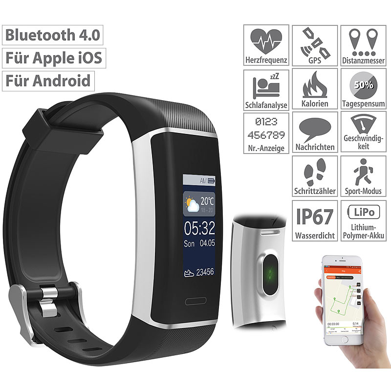 Fitness-GPS-Armband mit XL-Farb-Display & App für 6 Sportarten, IP67