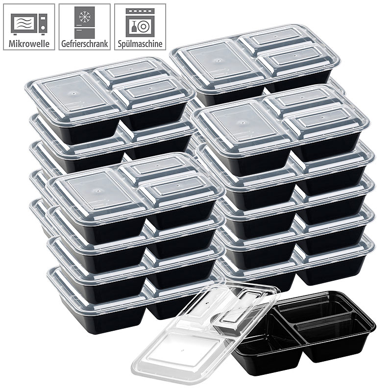 20er-Set Lebensmittel-Boxen mit je 3 Trennfächern & Deckel, 1 l