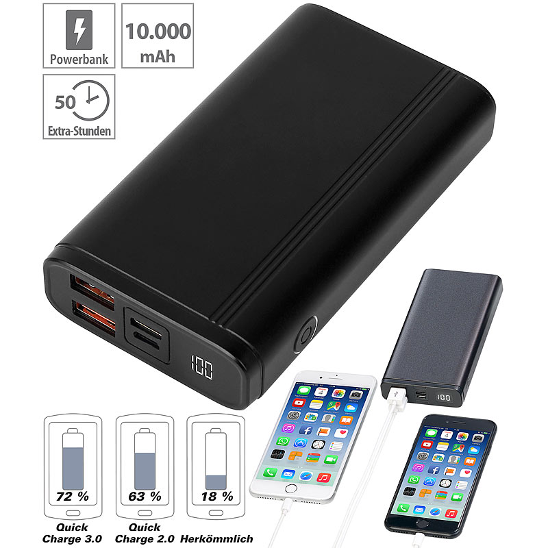 Powerbank, Quick Charge 3.0 & USB Typ C PD, 10.000 mAh, bis 3 A, 18 W