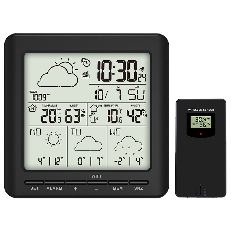 WLAN-Funk-Wetterstation mit Außensensor, LCD-Display, Wettertrend, App