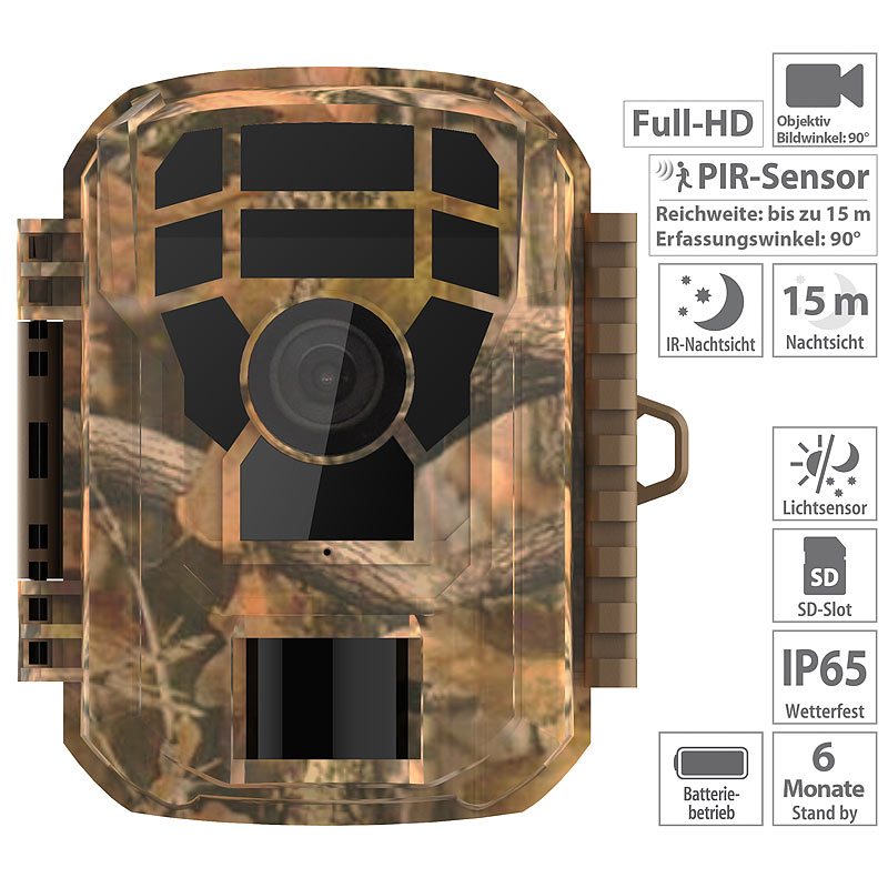 Full-HD-Wildkamera, PIR-Bewegungssensor, Nachtsicht, Farbdisplay, IP65