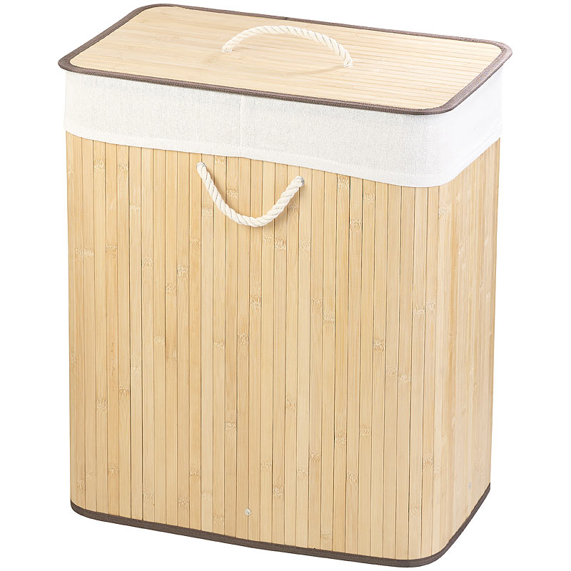Waschkorb: Faltbarer Bambus-Wäschekorb mit Deckel und Wäschesack, 100 l