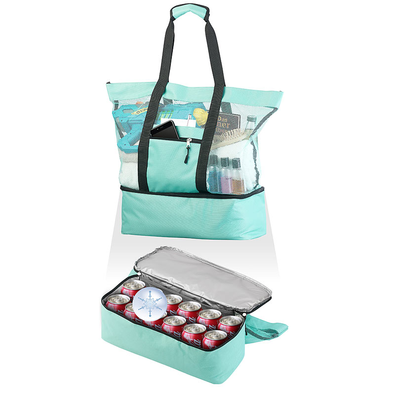 Leichte 2in1-Strand-Netztasche mit Kühlfach und Seitenfach, hellblau
