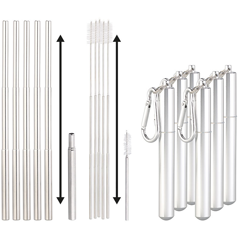 6er-Set Teleskop-Edelstahl-Trinkhalme mit Bürste, Schlüsselanhängerbox