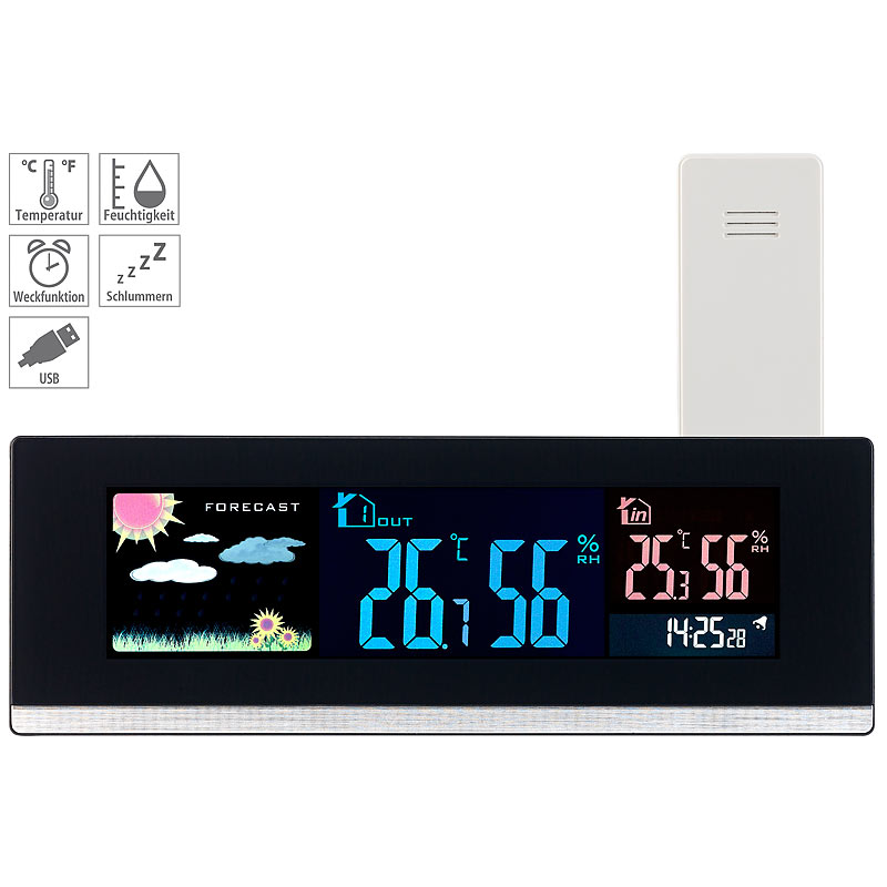 Tisch-Wetterstation, Funk-Außensensor, Farb-LCD-Display, USB-Ladeport