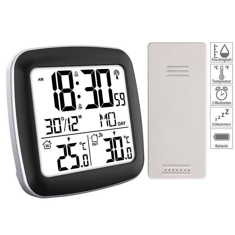Digitaler Funkwecker mit Dual-Alarm, Thermometer, Außensensor, Datum