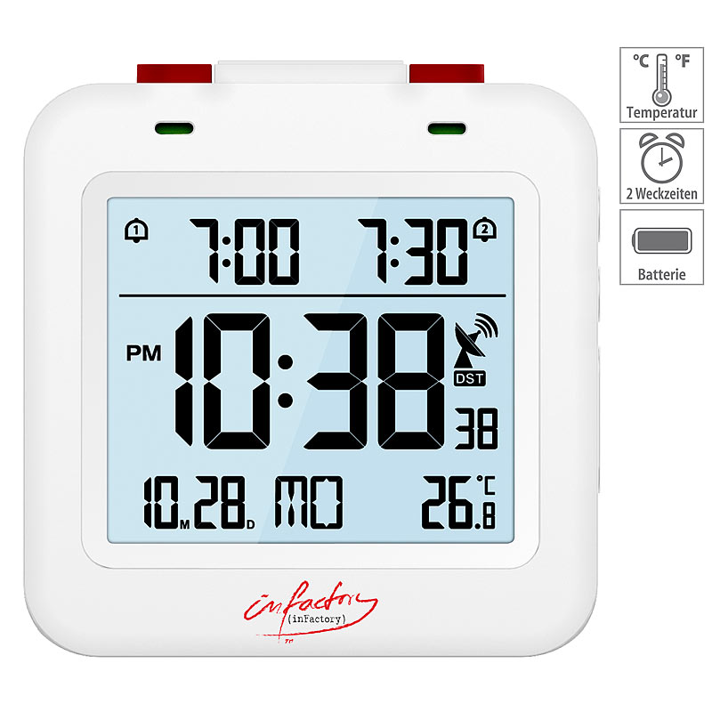 Digitaler Reise-Funkwecker mit Thermometer, Datum, Dual-Alarm, weiß