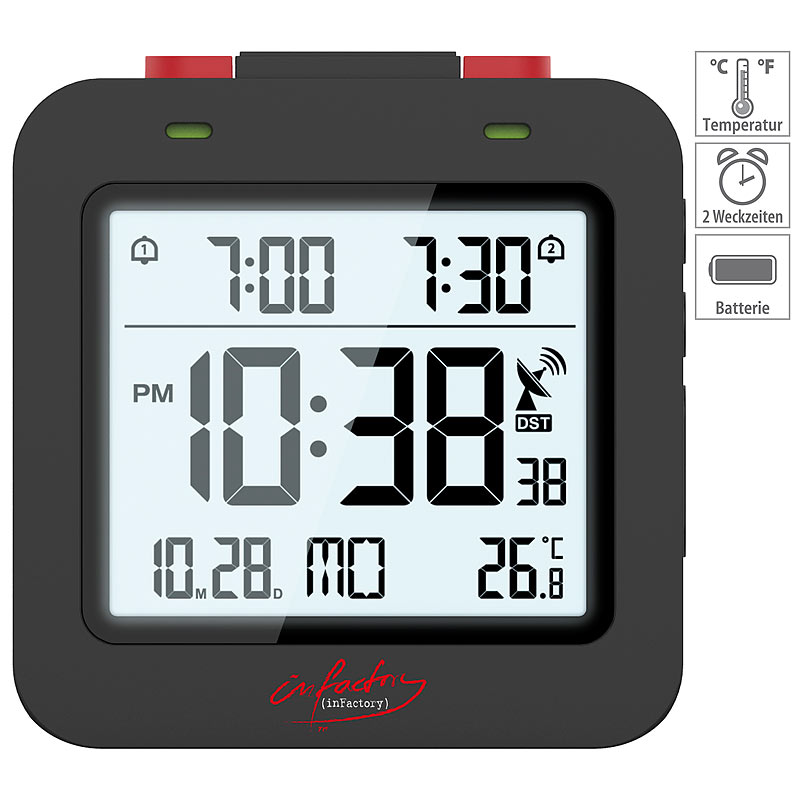 Digitaler Reise-Funkwecker mit Thermometer, Datum, Dual-Alarm, schwarz