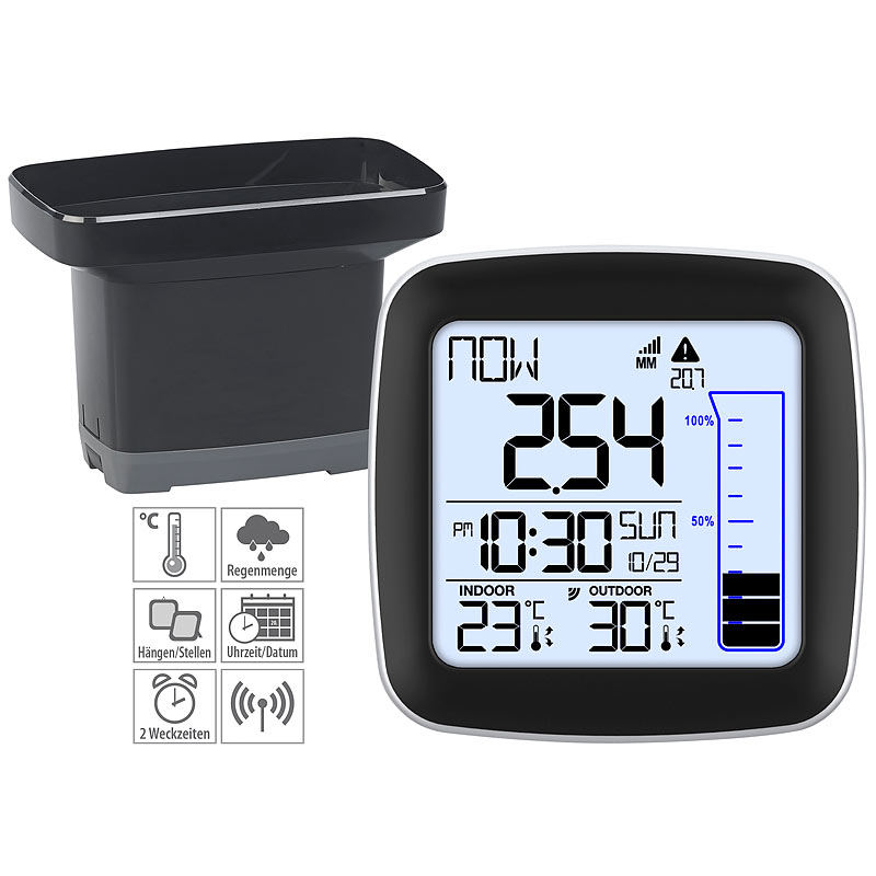 Digitale Funk-Wetterstation mit Außensensor, Regenmesser & Wecker