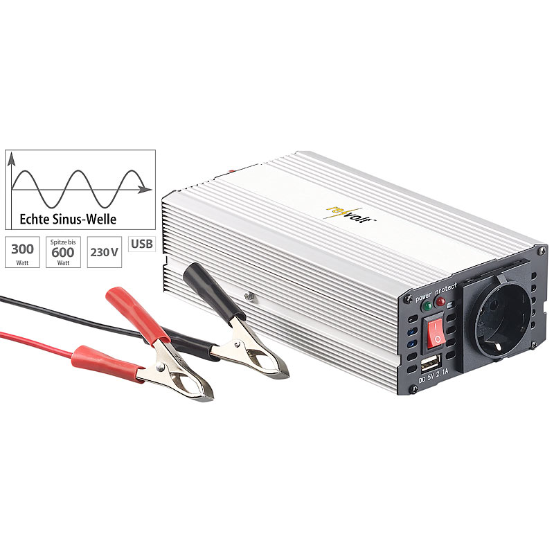 Kfz-Sinus-Spannungswandler 12 Volt auf 230 Volt, USB-Ladeport, 300 W