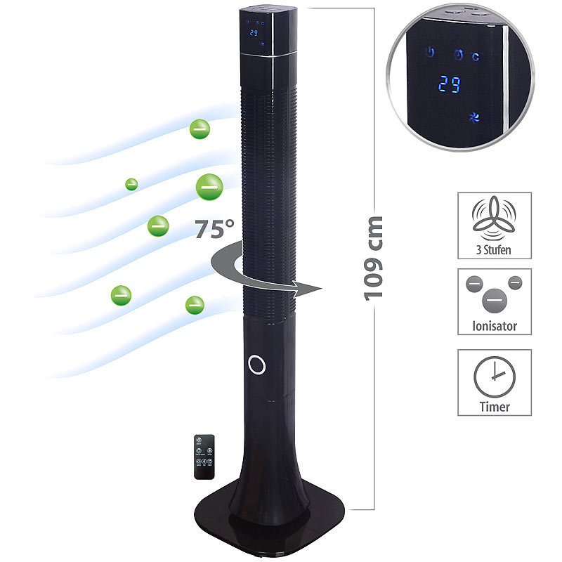 3-stufiger Design-Turmventilator mit Ionisator, 75°-Oszillation, 60 W