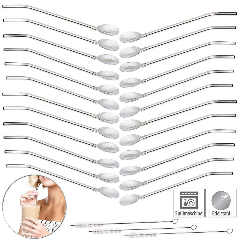 18er-Set 2in1-Trinkhalm-Löffel aus Edelstahl, mit Reinigungsbürste
