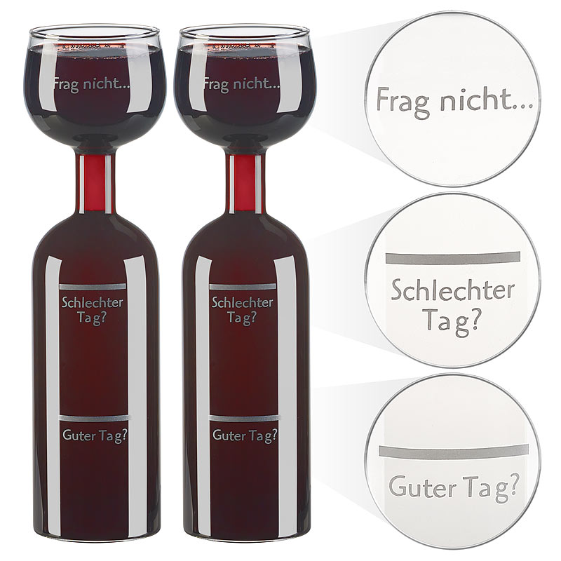 2er-Set 2in1-Weinflaschen & XXL-Gläser, Echtglas, mit Aufdruck, 750 ml