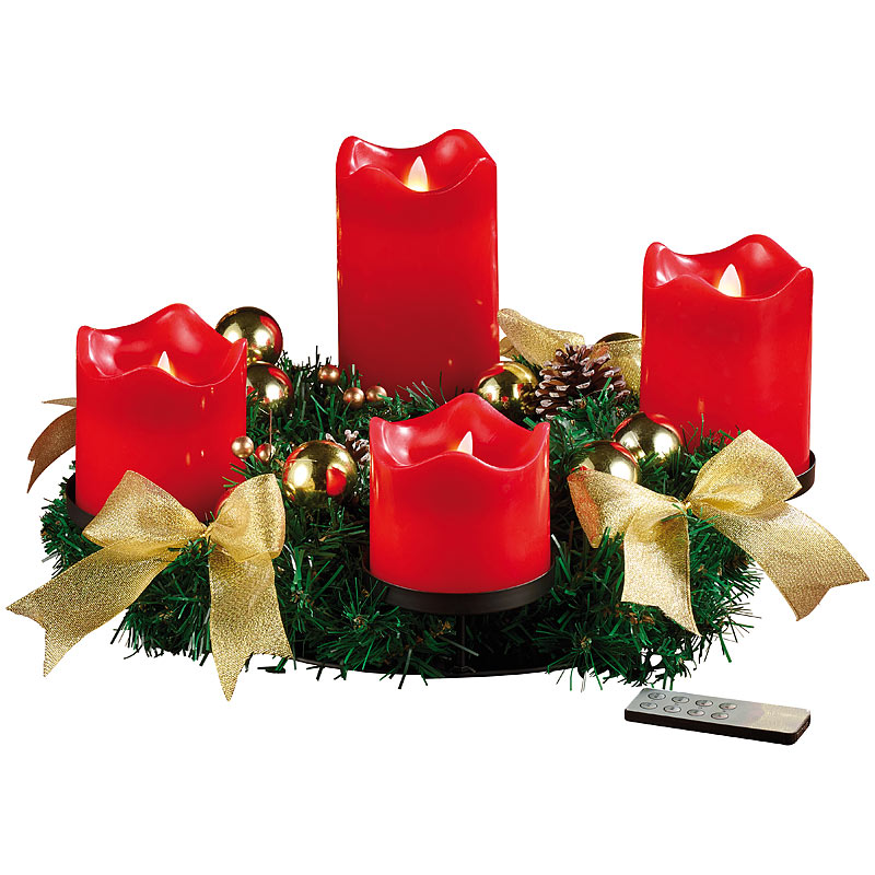 Adventskranz, golden, 4 rote LED-Kerzen mit bewegter Flamme